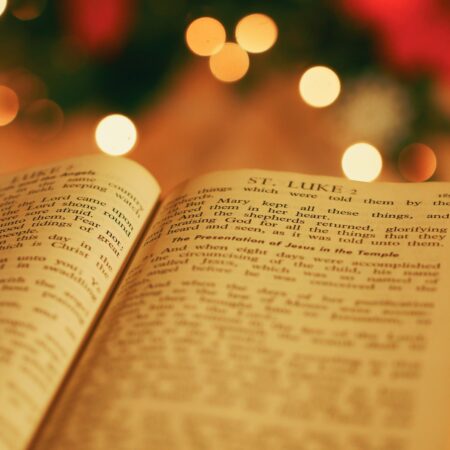 opened bible with bokeh light background